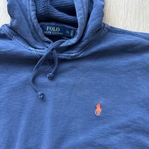 Vintage Polo Ralph Lauren Hoodie Blue Orange Pony Logo Pullover Fleece Men XL